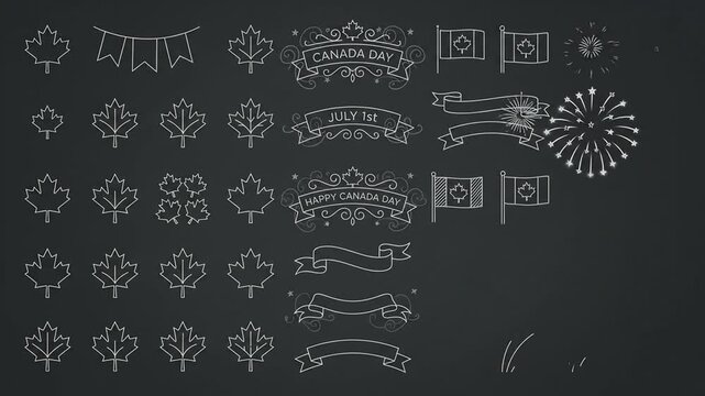 Set of Canada Day chalk style animation elements on a blackboard background