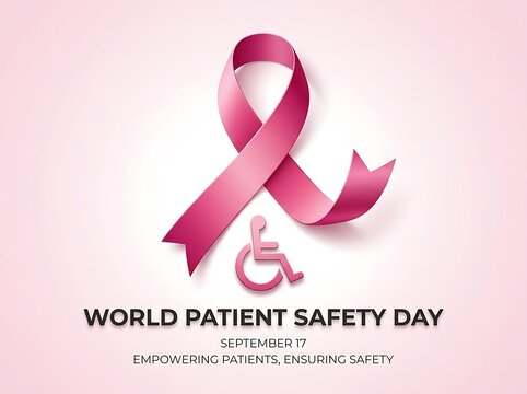 Pink awareness ribbon with wheelchair symbol for world patient safety day celebration illustration