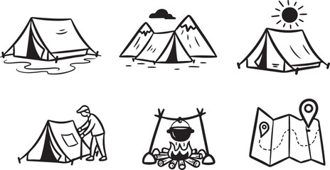 Camping icons, outdoor adventure symbols, tent illustrations, travel graphics © Rana