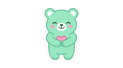 Cute Mint Bear Holding Pink Heart, Kawaii Sticker Design © Bakso