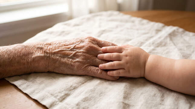 Elderly wrinkled hand and small baby hand, detailed skin textures contrasting youth and aging, resting on top of each other, linen tablecloth indoors, concept photography