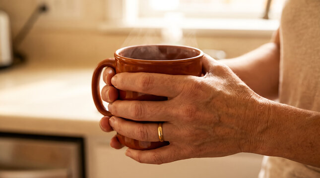 Hands holding a brown ceramic mug, steam rising gently from a hot beverage, gripping the warm mug tightly, blurred bright kitchen background, lifestyle photography