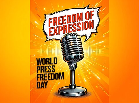 Vibrant world press freedom day poster with microphone and freedom of expression speech bubble design