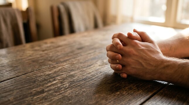 Clasped hands resting on a rustic wooden table in warm light