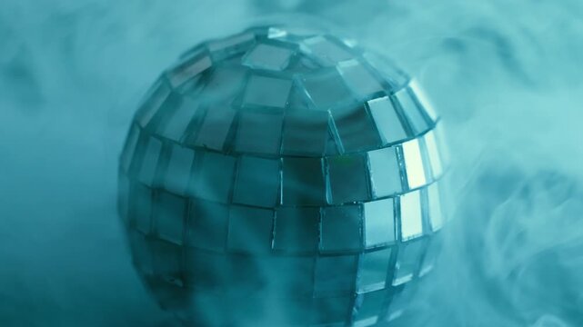 Disco ball art. Blue mist. Blur color creative round texture cold splash fume bright glass water smoke on abstract light background.