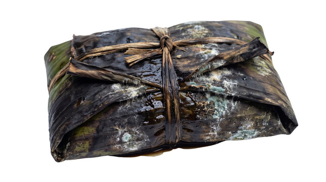 Traditional steamed food wrapped in banana leaf, organic sticky rice parcel tied with natural fiber, authentic Southeast Asian culinary snack isolated PNG with Transparent Background