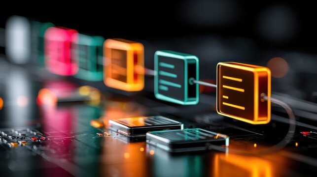 A digital representation of blockchain technology with colorful, glowing blocks connected in a chain over a circuit board.