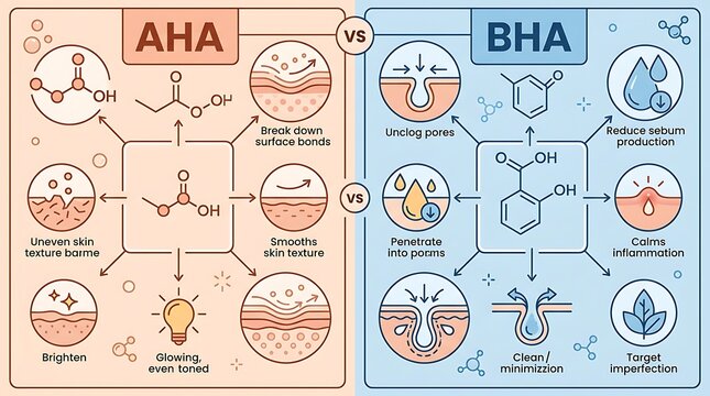 Aha and bha skincare infographic comparing chemical exfoliation