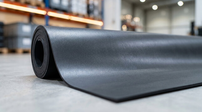 Rolled-up dark rubber mat on a concrete warehouse floor, ready for industrial application or material use