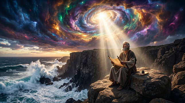 The Apostle John on the rocky island of Patmos, writing on a scroll while looking up at a terrifying, apocalyptic heavenly vision