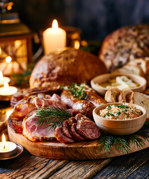 Rustic Charcuterie Board with Cheese and Smoked Meats &ndash; AI Generative