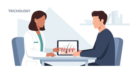 Obraz premium Doctor Consults Patient on Hair Loss Treatment Using Digital Screen