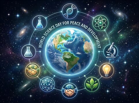World science day for peace and development with earth and scientific icons illustration
