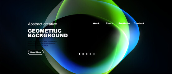 Fototapeta premium Modern website design features vibrant abstract shapes, dark background. Navigation includes work, about, portfolio, contact options.