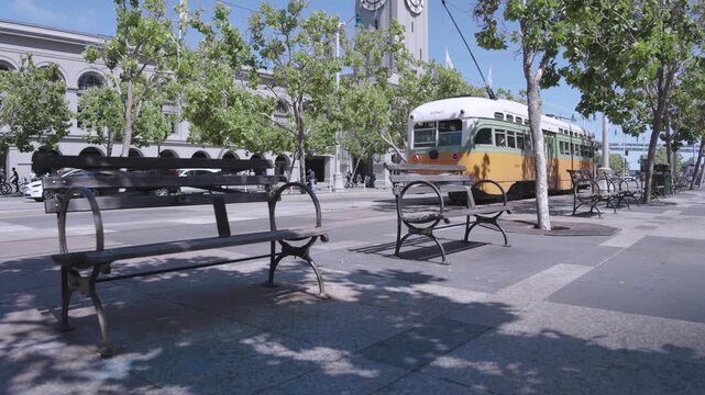 Vintage Streetcar Passing Ferry Building Clock Tower Bench Row Wide