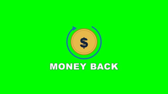 4K green screen MONEY BACK animated title - a circular refund arrow loops around a coin, kinetic typography motion graphics intro overlay, chroma key