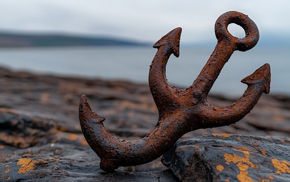 Rusty anchor on rocks by water