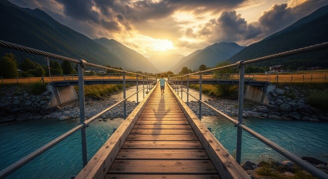 Suspension bridge over river at sunset, mountain landscape