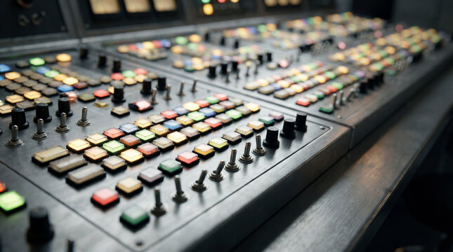 Massive command center desk covered with brightly illuminated square buttons and industrial toggle switches offline