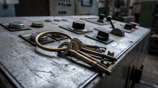 Large ring of heavy brass facility keys abandoned on cold metallic security guard control desk