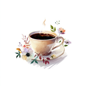 Artistic Coffee Cup with Floral Watercolor Illustration. AI generative.