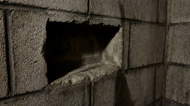 Discover the abandoned cinderblock shower stall featuring an empty carved soap dish with no human.