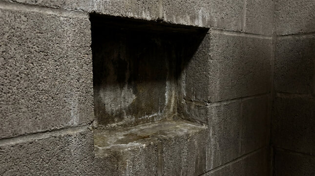 Observe a desolate shower stall featuring an empty soap dish carved directly into cinderblock walls.