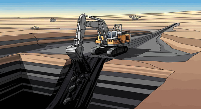 3D illustration of a heavy excavator digging in an open pit mine extraction site.