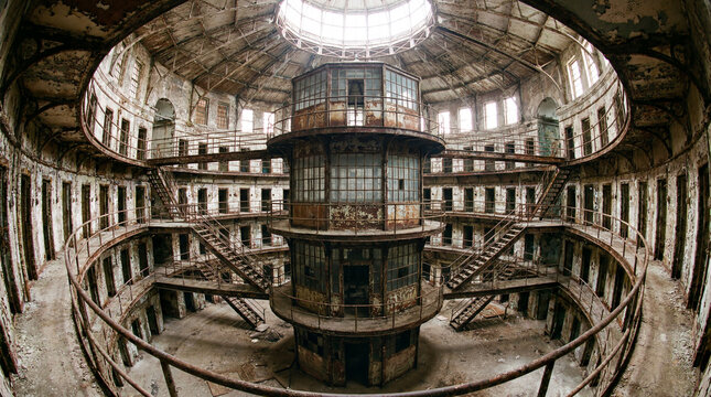 Creepy abandoned central rotunda within an ancient panopticon prison revealing long radiating cell block hallways