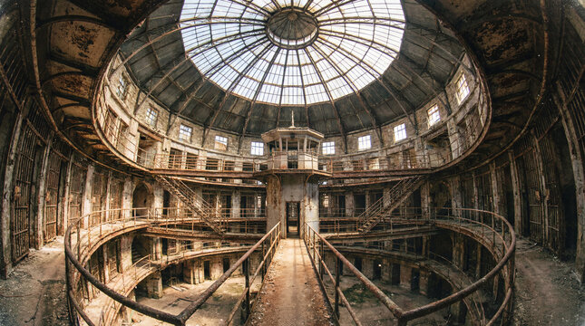 Massive empty central rotunda inside a creepy panopticon style prison displaying long radiating cell blocks