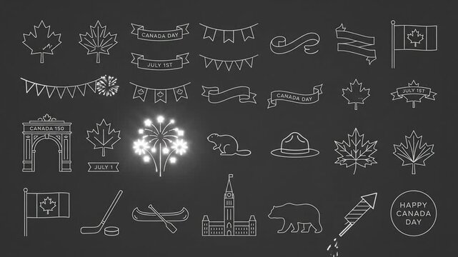 Animated Canada Day icons glowing on dark background for July 1st. White neon symbols of maple leaf, flag, and beaver celebrate the national holiday.