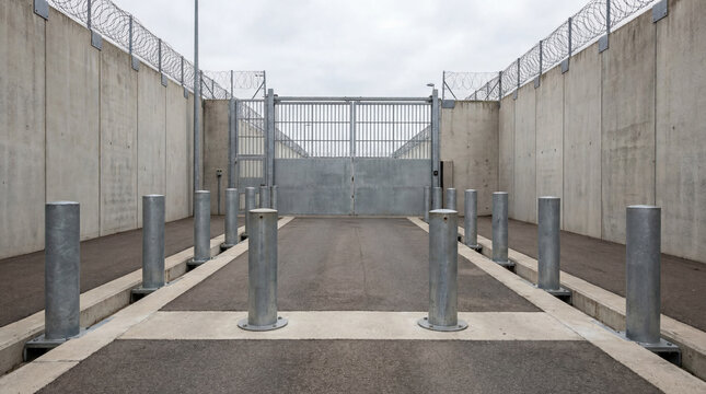 Secure vehicle checkpoint lane featuring heavy duty retractable metal bollards protecting restricted prison facility entrance
