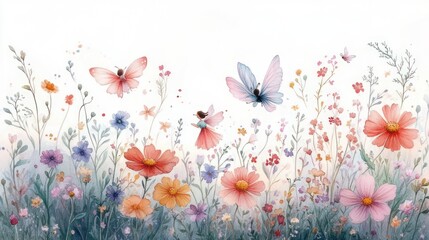 Fototapeta premium delicate watercolor wildflower meadow with pastel blossoms, butterflies, and tiny fairies on a light airy background, whimsical serene joyful spring scene