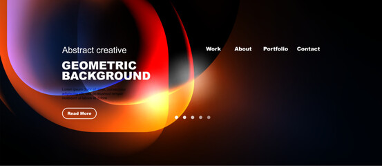 Plakat Dark background features vibrant abstract shapes, text elements, navigation menu. Modern design suggests website header or banner.