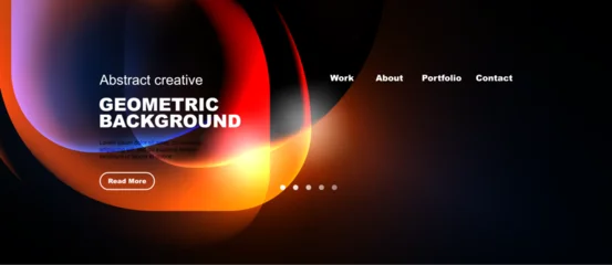 Fototapeten Pony Dark background features vibrant abstract shapes, text elements, navigation menu. Modern design suggests website header or banner.  © antishock