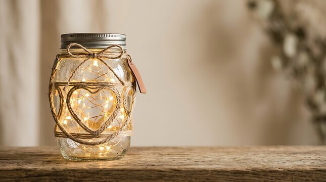 Mason jar with warm fairy lights and twine heart on rustic wood