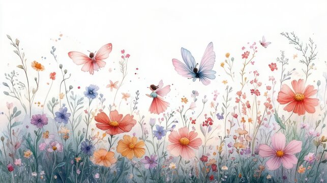 delicate watercolor wildflower meadow with pastel blossoms, butterflies, and tiny fairies on a light airy background, whimsical serene joyful spring scene