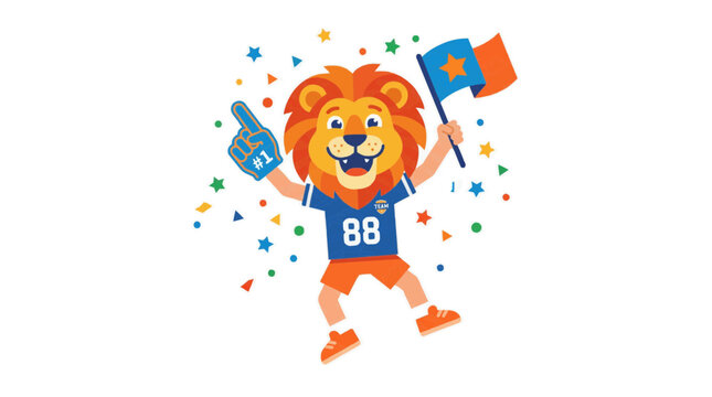 Leao mascote comemorando evento esportivo global com bandeira e espuma finger 2026 soccer world championship tournament