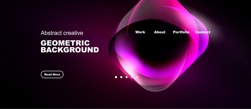 Dark background features vibrant pink abstract shapes, text, navigation menu, button. Modern design promotes creativity, geometric patterns.
