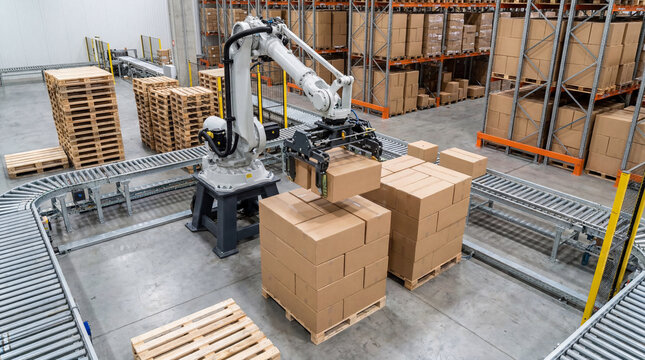 Watch an automated robotic palletizing system efficiently stacking blank cartons onto sturdy wooden shipping pallets.