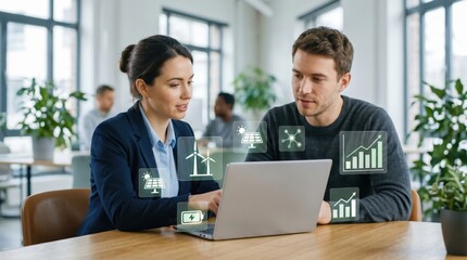 Fototapeta premium Professional team analyzing renewable energy projects on laptop with wind turbine and solar icons, eco-friendly business strategy meeting