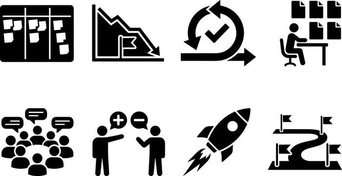 Agile project management and scrum methodology solid black vector icon set for software development concepts