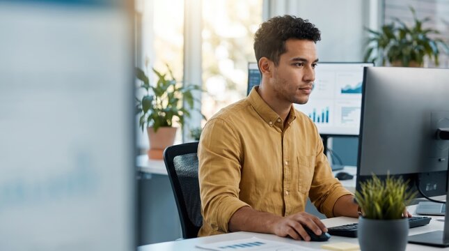 Generative AI, Young man working on a desktop computer with data in a bright office