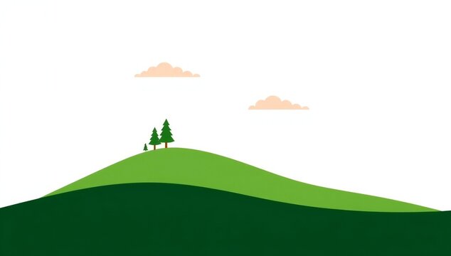 Minimalist green rolling hills with two trees and soft clouds under a white sky