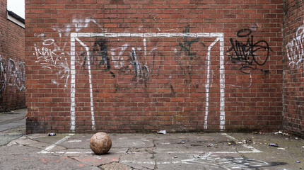 Urban red brick wall featuring a crude chalk drawn goal frame for street football soccer