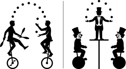 Black and white vector silhouette set of circus performers featuring unicycle jugglers and a ringmaster © MSTMONIRA