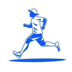Obraz premium blue stylized runner wearing a cap, t-shirt, shorts and sneakers mid-stride, energetic leap over oval shadow