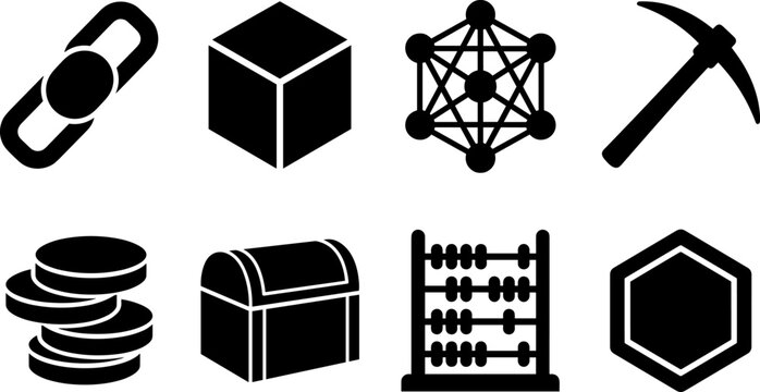 Blockchain technology, cryptocurrency, and data mining solid black vector icon set for decentralized financial concepts