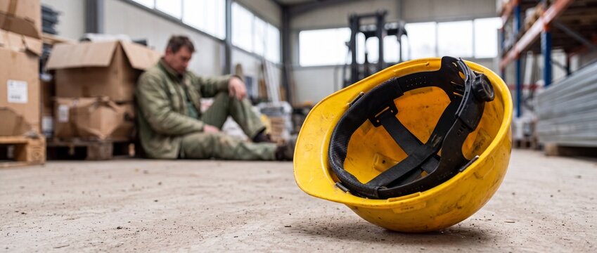 A tired warehouse worker sitting on the floor with a yellow hard hat in the foreground, representing job burnout, fatigue, and workplace safety.