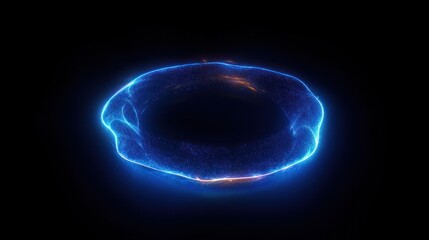 Obraz premium Mysterious glowing particle ring floating in darkness, neon blue torus with rippling surface and warm orange highlights, futuristic and mesmerizing energy field
